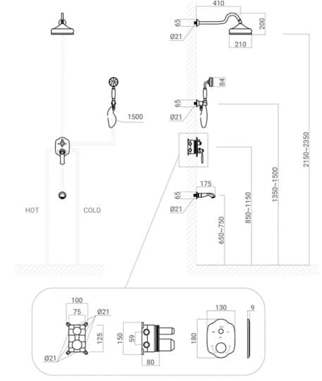 Bản vẽ kỹ thuật sen tắm âm tường nóng lạnh bằng đồng Kanly GCS78B 