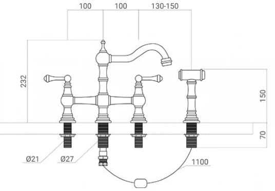 Bản vẽ kỹ thuật vòi chậu lavabo nóng lạnh âm bàn mạ chrome Kanly CHB09 