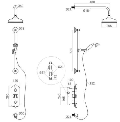 Bản vẽ kỹ thuật sen tắm âm tường nóng lạnh bằng đồng Kanly CHS75 