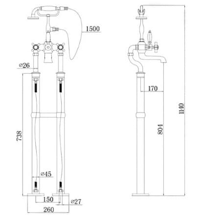 Bản vẽ kỹ thuật sen bồn tắm nóng lạnh đặt sàn bằng đồng mạ chrome Kanly CHS09