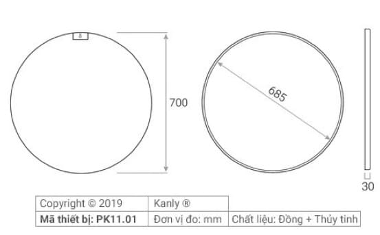 Bản vẽ kỹ thuật gương soi tròn khung bằng đồng treo tường Kanly PK11.01