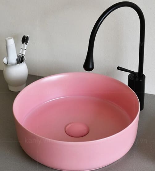 Chậu lavabo đặt bàn sứ tròn màu hồng Kanly SU520 