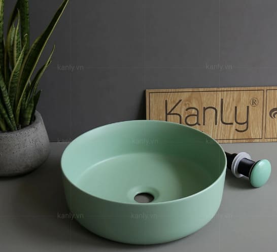 Chậu lavabo đặt bàn sứ tròn màu xanh ngọc Kanly SU526 