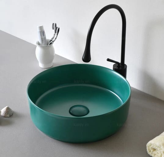 Chậu lavabo đặt bàn sứ tròn màu xanh lá Kanly SU529 