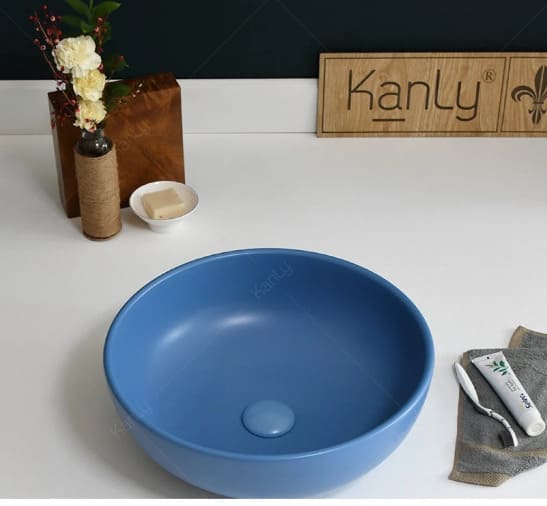 Chậu lavabo đặt bàn sứ tròn màu xanh dương Kanly SU515 