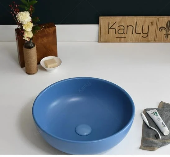 Chậu lavabo đặt bàn sứ tròn màu xanh dương Kanly SU515