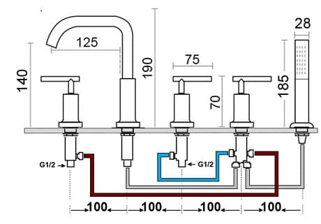 Bản vẽ kỹ thuật sen bồn tắm gắn bồn 5 lỗ nóng lạnh bằng đồng màu đen Kanly GCB09B