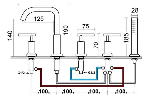 Bản vẽ kỹ thuật sen bồn tắm gắn bồn 5 lỗ nóng lạnh bằng đồng màu đen Kanly GCB09B