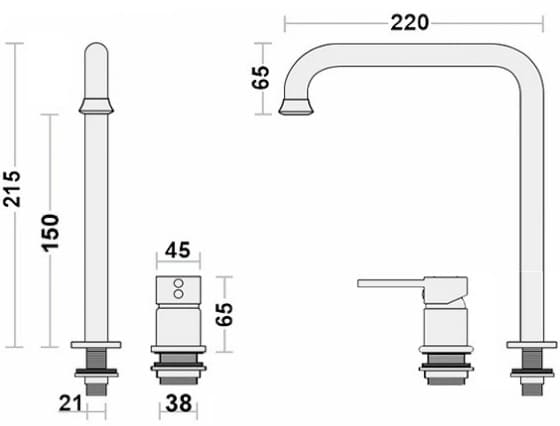 Bản vẽ kỹ thuật vòi lavabo nóng lạnh màu đen âm bàn Kanly GCC40B
