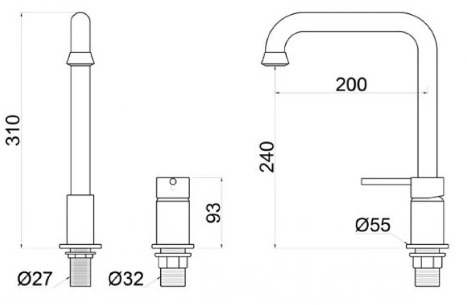 Bản vẽ kỹ thuật vòi lavabo nóng lạnh màu đen âm bàn Kanly GCC41B