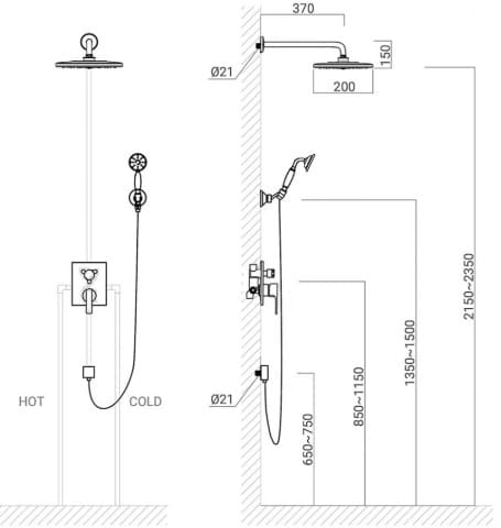 Bản vẽ kỹ thuật sen tắm âm tường nóng lạnh bằng đồng màu đen Kanly GCS75B 