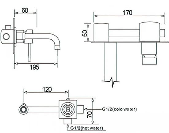 Bản vẽ kỹ thuật vòi chậu lavabo nóng lạnh gắn tường Kanly GCT04B 