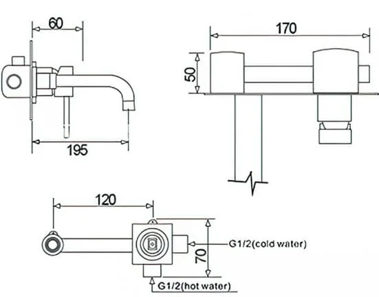 Bản vẽ kỹ thuật vòi chậu lavabo nóng lạnh gắn tường Kanly GCT04B 