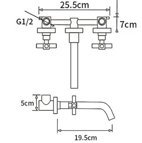 Bản vẽ kỹ thuật vòi chậu lavabo nóng lạnh gắn tường Kanly GCT07B 