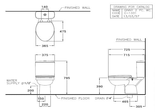 Bản vẽ kỹ thuật Bàn Cầu 2 Khối Xả Nhấn COTTO C1331