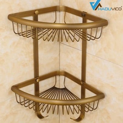 Kệ góc 2 tầng để đồ phòng tắm bằng đồng Haduvico PK074