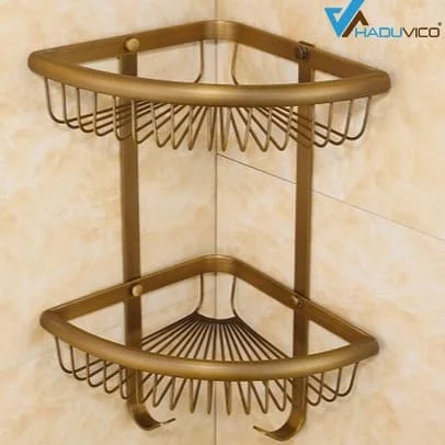 Kệ góc 2 tầng để đồ phòng tắm bằng đồng Haduvico PK074