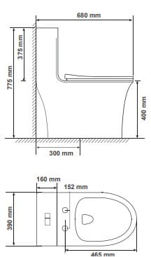 Bản vẽ bồn vệ sinh 1 khối Primier P11-S11304-WH Thái Lan