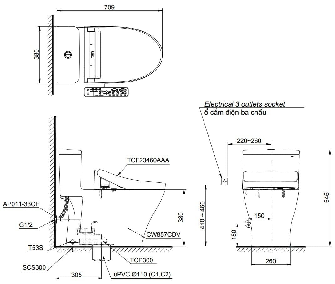 Bản vẽ kỹ thuật bồn cầu 1 khối kèm nắp điện tử TOTO MS857CDW17