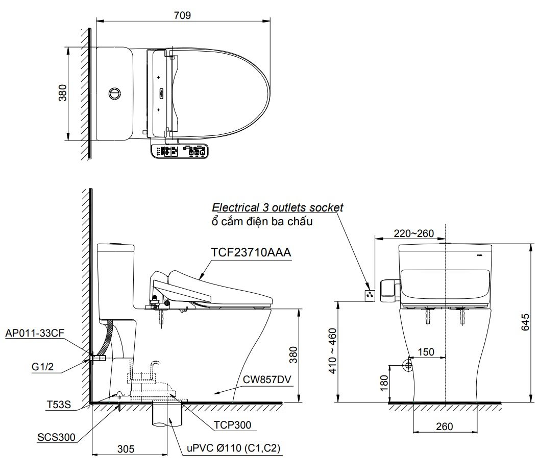 Bản vẽ kỹ thuật bồn cầu 1 khối kèm nắp điện tử TOTO MS857DW18