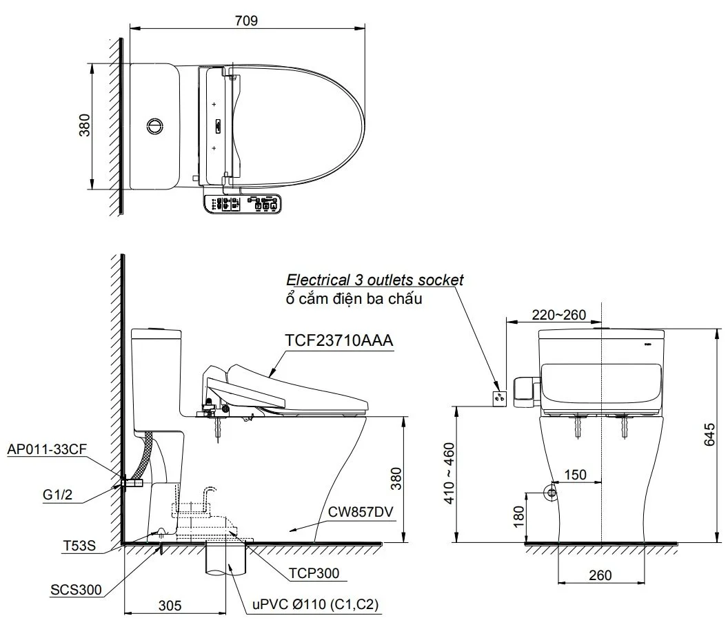 Bản vẽ kỹ thuật bồn cầu 1 khối kèm nắp điện tử TOTO MS857DW18
