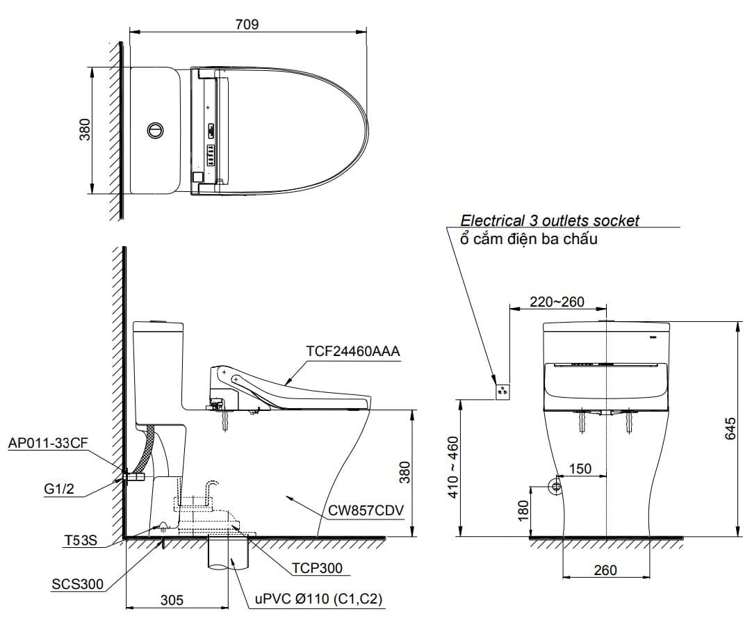 Bản vẽ kỹ thuật bồn cầu 1 khối kèm nắp điện tử TOTO MS857CDW15 