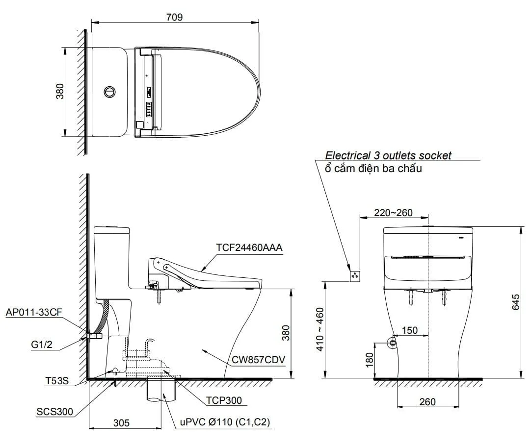 Bản vẽ kỹ thuật bồn cầu 1 khối kèm nắp điện tử TOTO MS857CDW15