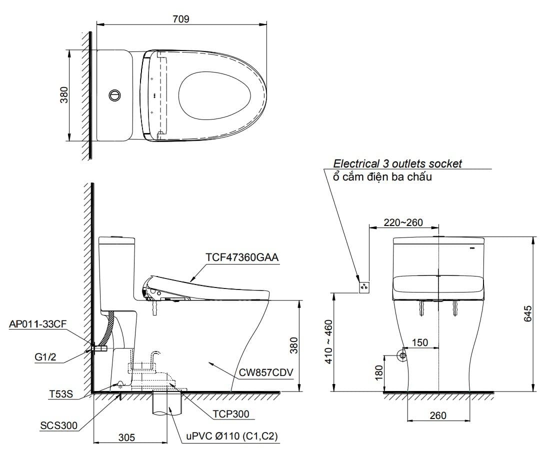 Bản vẽ kỹ thuật bồn cầu 1 khối kèm nắp điện tử TOTO MS857CDW23