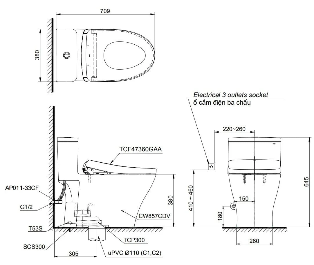Bản vẽ kỹ thuật bồn cầu 1 khối kèm nắp điện tử TOTO MS857CDW23