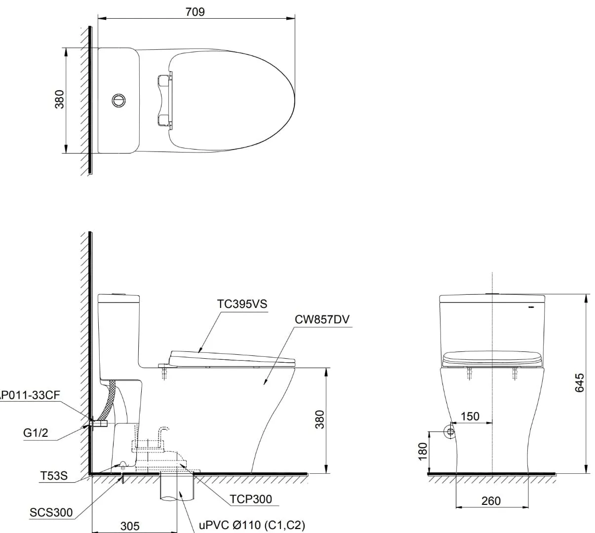 Bản vẽ kỹ thuật bồn cầu 1 khối nắp êm TC395VS TOTO MS857DT10
