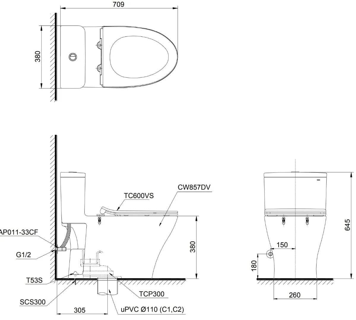 Bản vẽ kỹ thuật bồn cầu 1 khối nắp êm TOTO MS857DT2