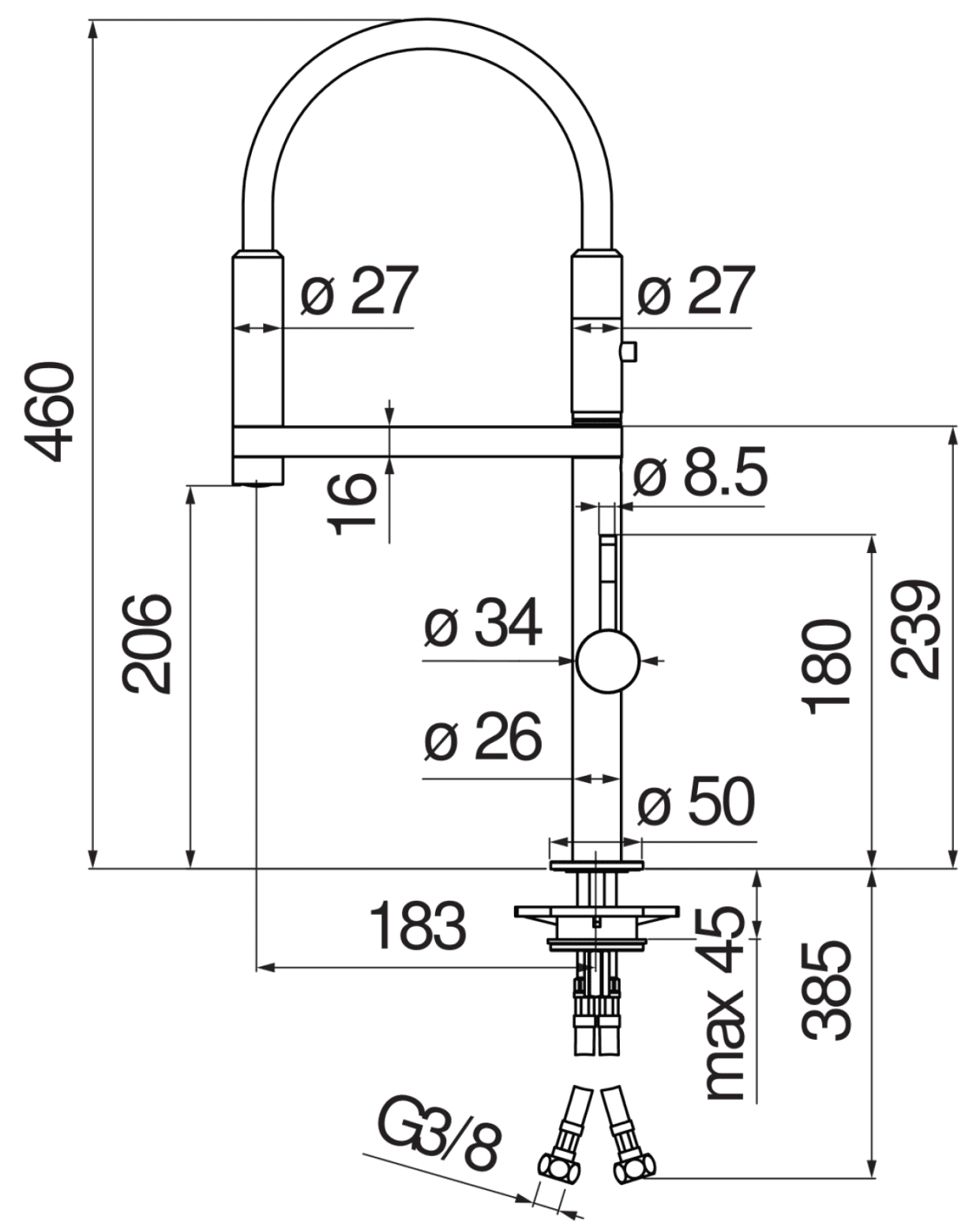 Bản vẽ kỹ thuật vòi rửa bát Nobili NB133S nóng lạnh chuyển đổi 2 đầu