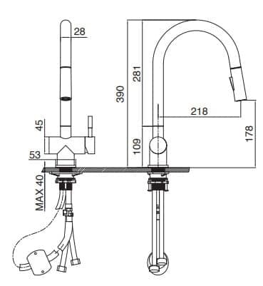Bản vẽ kỹ thuật vòi chậu rửa bát dây rút Kluger KLF0008B