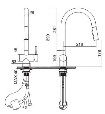 Bản vẽ kỹ thuật vòi chậu rửa bát dây rút Kluger KLF0008B