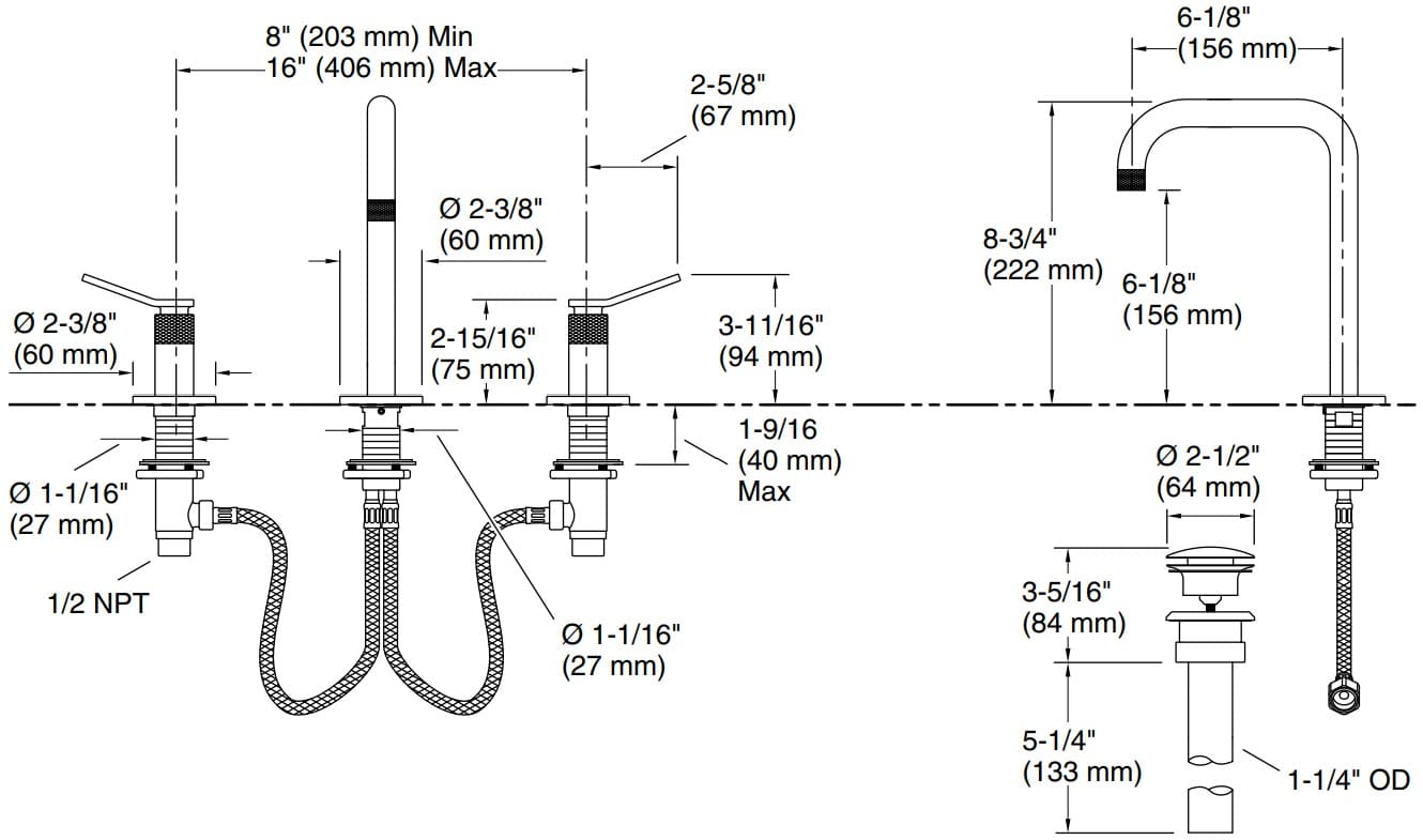 Bản vẽ vòi lavabo nóng lạnh gắn chậu Kallista P33349