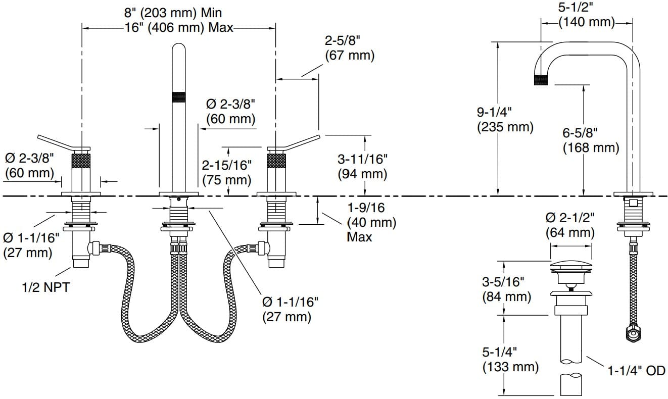 Bản vẽ vòi lavabo nóng lạnh gắn chậu Kallista P33350