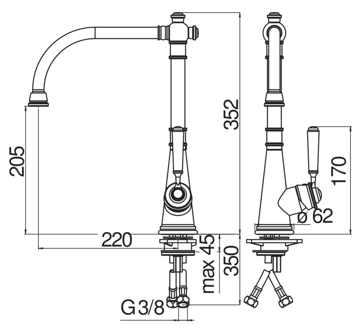 Bản vẽ vòi bếp nóng lạnh tân cổ điển Nobili NB255C