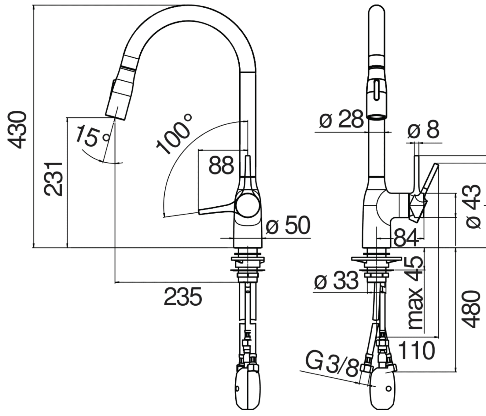 Bản vẽ kỹ thuật vòi rửa bát rút dây Nobili NB305C Mania