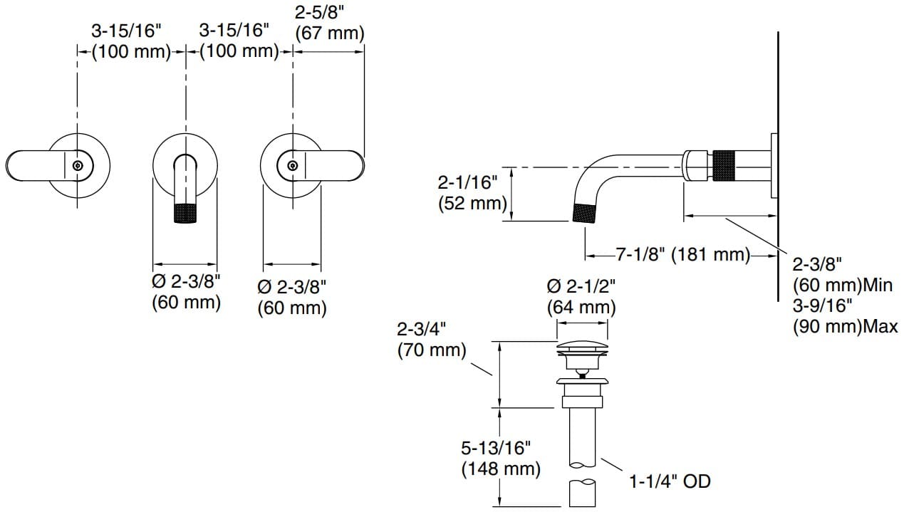 Bản vẽ vòi lavabo nóng lạnh gắn tường Kallista P33353