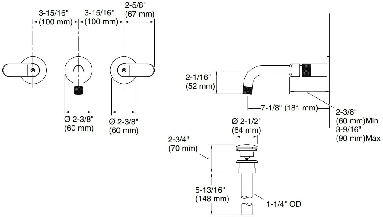 Bản vẽ vòi lavabo nóng lạnh gắn tường Kallista P33353