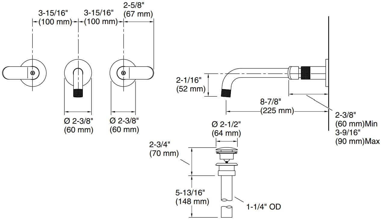 Bản vẽ vòi lavabo nóng lạnh gắn tường Kallista P33354-LV-CP