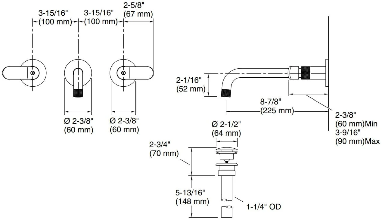 Bản vẽ vòi lavabo nóng lạnh gắn tường Kallista P33354-LV-CP