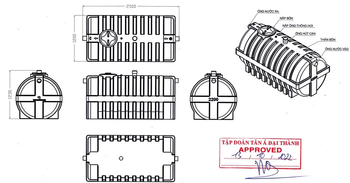 Bản vẽ bồn tự hoại Đại Thành 2200l nằm do nhà máy phê duyệt