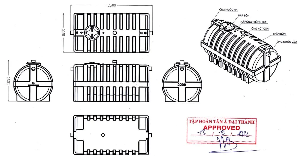 Bản vẽ bồn tự hoại Đại Thành 2200l nằm do nhà máy phê duyệt