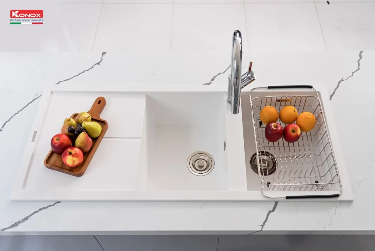 Chậu rửa bát 2 hố bàn phải Konox Livello Smart 1160-White Silver