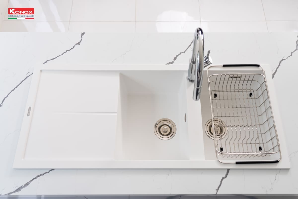 Chậu rửa bát 2 hố bàn phải Konox Livello Smart 1160-White Silver