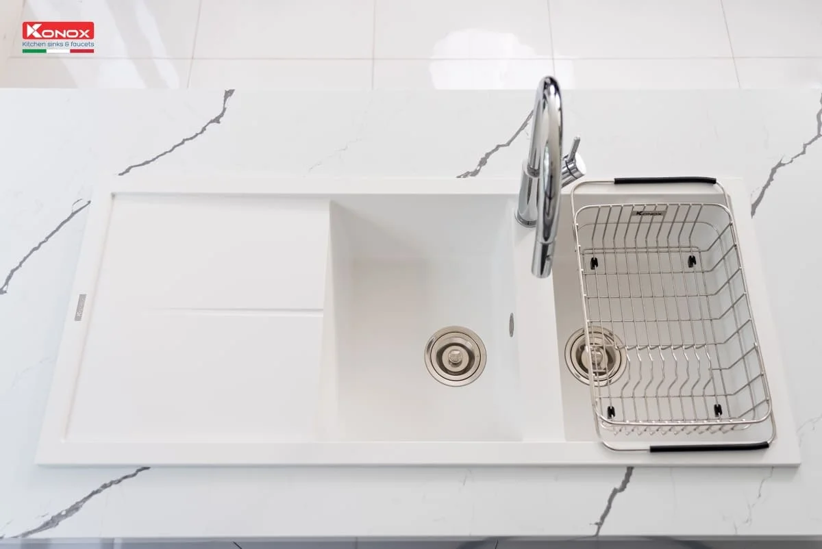 Chậu rửa bát 2 hố bàn phải Konox Livello Smart 1160-White Silver