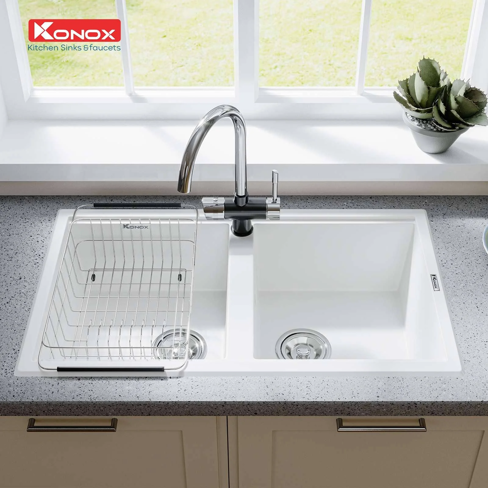 Chậu rửa bát 2 hố Konox Phoenix Smart 860-White Silver