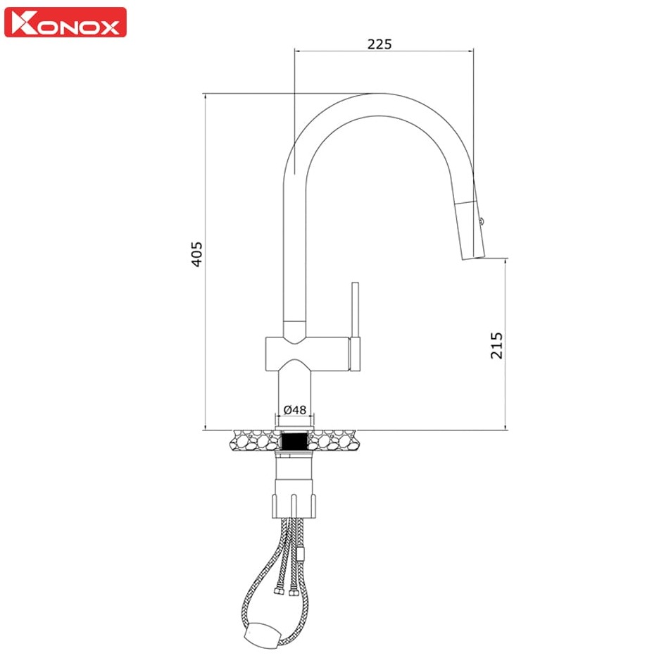 Bản vẽ kỹ thuật vòi rửa bát nóng lạnh dây rút Konox Comfor Chrome