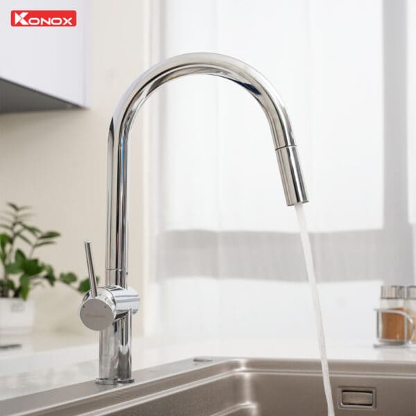 Vòi rửa bát nóng lạnh dây rút Konox Comfor Chrome